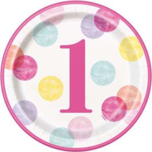 Párty talíře papírové 1. narozeniny - Happy birthday - růžové s puntíky - HOLKA - 22 cm - 8 ks