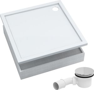 AQUABAD® Duschwanne Komplettset Basic Smooth White 90x90cm Quadrat inkl. Styroporträger und Ablaufgarnitur Alcadrain A49CR