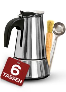 Cosumy Espressokocher Induktion geeignet - 6 Tassen - Edelstahl - Set mit Dosierlöffel und Bürste - 300 ml