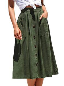 Damen Maxiröcke Hohe Taille A-Linie Rock Elegant Maxirock mit Taschen Casual Rock Armeegrün,Größe L