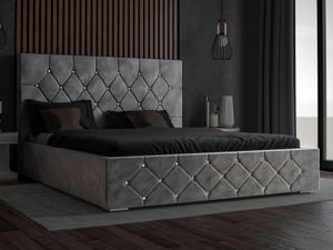 Čalúnená posteľ GRAINGOLD Glamour 160x200 cm Rossa - velúrová látka, lamelový rám, zásuvka - manželská posteľ s kryštálmi - sivá (Magic Velvet 2217)