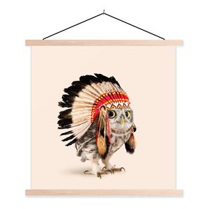 MuchoWow® Textilposter Tier - Eule - Indianer - Vogel 120x120 cm mit holzfarbenen Rahmen - Textil-Poster