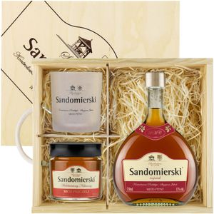 Sandomierski Met Trójniak-Drittel Geschenkset in einer Holzbox mit Becher und Mehrblütenhonig | 750ml | 13% Alkohol Metwein | Polnische Produktion