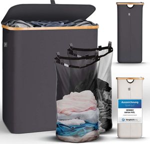 HENNEZ Wäschekorb mit Deckel 2 Fächer schmal grau 140L Wäschesack - Wäschesortierer Wäschebox Wäschetonne Wäschesammler Wäschetruhe Waschekorbsammler laundry baskets