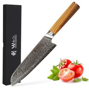 Wakoli Oribu Damast Santoku Messer I 18cm Klinge aus 67 Lagen Damaststahl I Olivenholzgriff