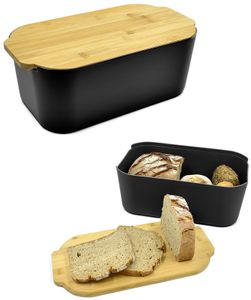Brotkasten mit Bambusdeckel, Brotbox, Deckel als Schneidbrett verwendbar, pflegeleichte Aufbewahrungsbox für Lebensmittel - Schwarz