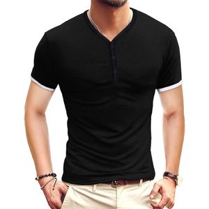 Männer Casual Pullover T-Shirt Kurzarm V-Ausschnitt Eng anliegende Knopfoberteile Bluse,Farbe: Schwarz,Größe:M