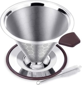 Permanenter Kaffeefilter aus Edelstahl, Wiederverwendbarer Kaffeetropfer, Papierloser Kaffeefilter zur Herstellung von Manuellem Kaffee mit doppeltem Edelstahlgewebe und Silikongriff