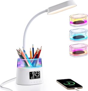 Dětská stolní lampička LED, stolní lampička s dotykovým stmíváním, noční lampička Stolní lampička se 3 úrovněmi jasu/připojení USB/RGB/držák na pero