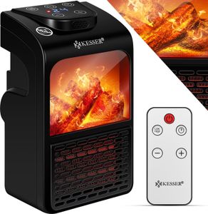KESSER® Steckdosen Heizlüfter Energiesparend Mini mit Kaminfeuereffekt Fernbedienung LCD Display Keramik Heizung mit Thermostat 400W - Temperaturregelung Timer Büro Badezimmer Schlafzimmer