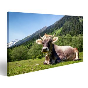 Bild auf Leinwand Kuh An Der Alpen  Wandbild Leinwandbild Wand Bilder Poster 100x57cm 1-teilig