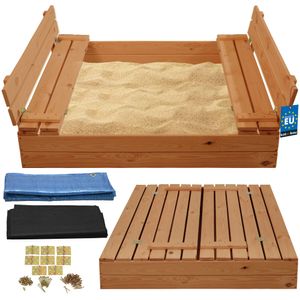 KOTARBAU® Sandkasten mit Abdeckung Sandkasten Holz 120x120 cm imprägniert mit Sitzbänken Braun Holzsandkasten Sandbox mit Deckel Sandkasten mit Deckel Holz Sandkiste mit Abdeckungen