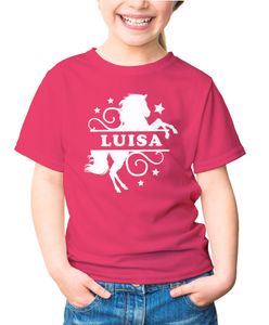 Kinder T-Shirt Mädchen Pferd Motiv eigener Name personalisierbares Geschenk für Mädchen Reiten Moonworks® pink 129-140 (9-10 Jahre)