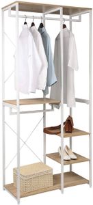 WOLTU SR0062whe Garderobenständer Kleiderständer Wäscheständer mit Ablage Schuhregal aus Holz und Stahl, Hängeregal, Weiß + Hell Eiche