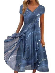 Damen Abendkleider Glänzend Ballkleid Langes Kleid Sommer Bohemian V-Ausschnitt Kleider Steinmuster blau,Größe Xl