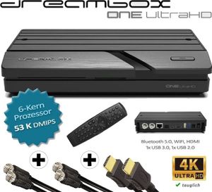 Dreambox One Ultra HD 2x DVB-S2X Multistream Tuner (4K, 2160p, E2 Linux, Dual Wifi H.265, HEVC) inkl. gratis Kabelset