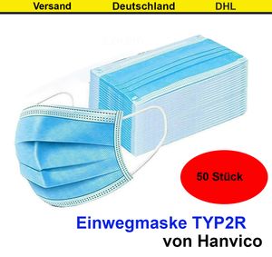 50x Hanvico OP Maske blau Atemschutzmaske medizinischer Mundschutz 3-lagig Einwegmaske Schutzmaske Mundschutzmaske TYP2R
