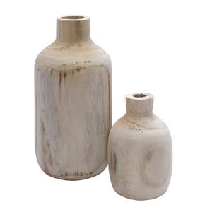 Holz Blumenvase 2er Set mit bauchiger Form - je 1x 18 cm und 28 cm - Flasche Holzvase naturbelassen - Tischdeko Fensterdeko für Kunstpflanzen und Pampasgras