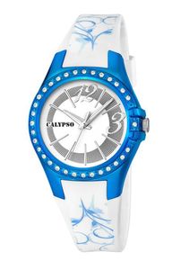 Calypso Watches K5624 Damenuhr analog mit Glitzersteinchen, Farbe:weiß/blau