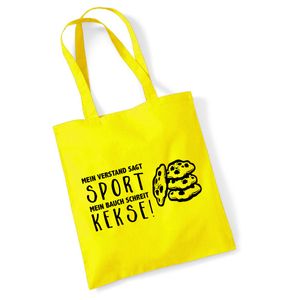 HUURAA! Jutebeutel Verstand Sport Bauch Kekse Tasche Baumwolle 10 Liter Yellow mit lustigem Motiv