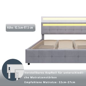 Merax Polsterbett 180x200cm mit LED, höhenverstellbarem Kopfteil und 4 Schubladen, Funktionsbett Doppelbett mit Lattenrost und Samtbezug in Grau