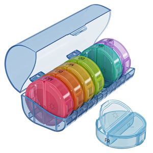 WELLGRO runde Tablettenbox für 7 Tage - Pillendose bunt 2 Fächer pro Tag - Klappdeckel mit Druckverschluss - BPA-freier Kunststoff - Farbe wählbar, Farbe:Blau