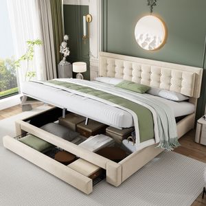 Flieks Čalouněná postel 180x200 cm, manželská postel se zásuvkou, hydraulická postel Boxspring s lamelovým rámem, úložná postel z masivu, sametová, béžová