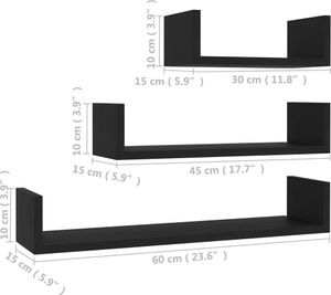 vidaXL Wandregal 3 Stk. Schwarz Holzwerkstoff