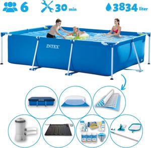 Intex-Schwimmbecken mit rechteckigem Rahmen – 300 x 200 x 75 cm – Blau – im Lieferumfang enthalten Abdeckung - Bodenplane - Filterpumpe für Schwimmbad - Solarmatte - Wartungspaket - Reinigungskit