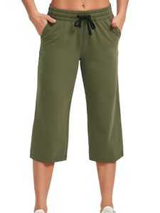 Damen Einfarbig Mittlere Taille Yogahose Lässig Lose Sport Elastische Taille Zugeschnitten,Farbe: Grün,Größe:S