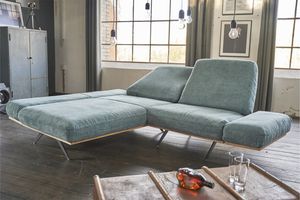 KAWOLA NINO Sofa Kranz Wildeiche Stoff petrol Ré­ca­mi­e­re links