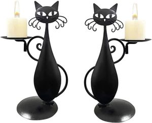 Welikera Kerzenständer, 2 Stück Schwarze Katzen Kerzenhalter aus Metall für Stumpenkerzen, Vintage Kerzenhalter, Retro Kerzenständer für Bauernhaus, Esstisch