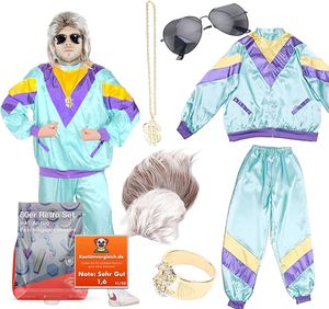 6 in 1 Vokuhila Set 80er Outfit Kostüm mit Uni Trainingsanzug, Assi Perücke, Goldkette, Brille - für Fasching & Karneval