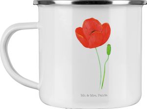 Mr. & Mrs. Panda Camping Emaille Tasse Blume Mohnblume - Weiß - Geschenk, Emaille Tasse Camping, Blumen, Camping Tassen Emaille, Emaille Trinkbecher, Räubertochter