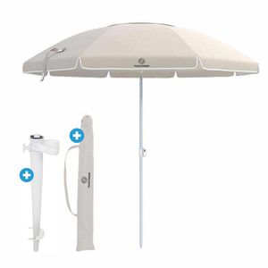 Fleau Goods Luxus-Sonnenschirm-Set 180 cm – UV-Schutz – Strand/Garten – Strand-Sonnenschirm mit Schnecke und Tragetasche – inklusive Sockel