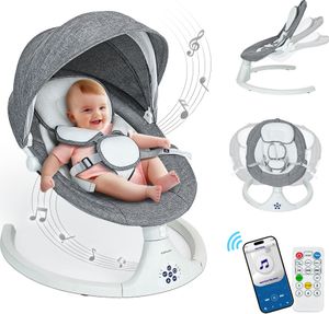 Detská hojdačka, elektrické detské odrážadlo Caveen s bluetooth, 5 rýchlostí hojdania, 3 polohy sedenia, adaptér a batérie, biela