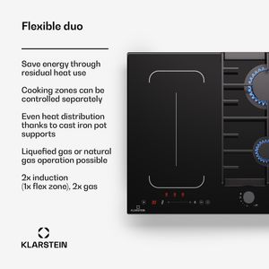 Klarstein dvojitá indukčná a plynová varná doska, 7 kW plný výkon, s posuvnou časťou a liatinovou základňou – energeticky úsporná, vysokokvalitná indukčná varná doska pre optimálny zážitok z varenia