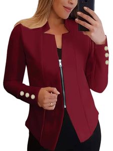 Damen Blazer Langarm Outwear Solide Farbe Casual Zip Up Arbeit Outdoor Mantel Jacken Burgunderrot,Größe 4XL