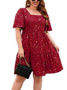 Damen Gedrucktes Lässiges Lockeres Square Neck Kleid Elegantes Kleid Für Cocktailparty Rot,Größe 3Xl