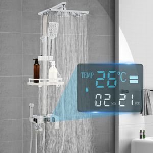 Duschsystem mit Digital-Anzeige Regendusche Duscharmatur Handbrause Duschset 73cm-116cm höhenverstellbar (weiß)