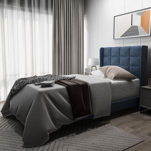 okwish Modernes Polsterbett mit gepolstertes Kopfteil Einzelbett mit Lattenrost, 90x200cm Blau Leinen (Ohne Matratze)