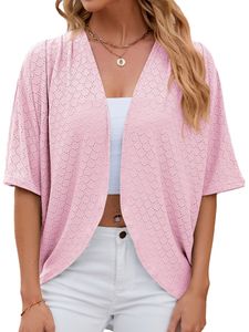 Damen Strickjacken Kurzarm Tunika Bluse Comfy T-Shirt Tee Hemdjacke Kurzarm Mantel Rosa,Größe M