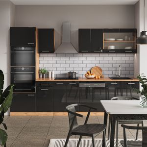 Vicco Küchenzeile R-Line, 300 cm mit Hochschrank, ohne Arbeitsplatte, Anthrazit Hochglanz/Goldkraft Eiche