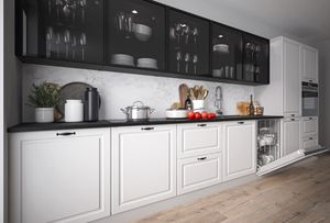 Küchenzeile "Elbing" Einbauküche 420cm Teilauszug Soft-Close grau / weiß - schwarz