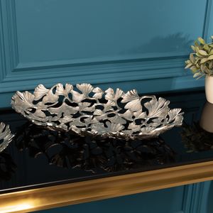 Dekorative Schale GINKGO LEAFS 40cm silber handmade Metall