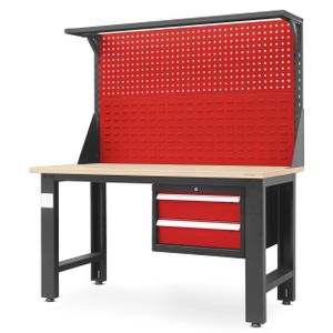 Werkbank mit Lochwand Werktisch Arbeitsplatte mit 2 Schubladen Metall, 150 cm x 170 cm x 75 cm, Farbe: Anthrazit-Rot