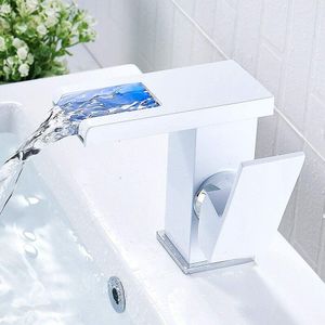 Badarmatur Einhandmischer   LED Spültischarmatur Wasserhahn Waschtischarmatur  Wasserfall Armatur   Waschbecken   Mischbatterie Badezimmer (Weiß)
