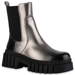VAN HILL Damen Leicht Gefütterte Plateau Boots Stiefel Profil-Sohle Schuhe 840777, Farbe: Grau Metallic, Größe: 39