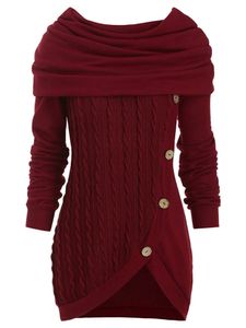 Ladies Cowl Neck Sweatshirts Tops Fahren Einfarbige Pullover Lose Knöpfe Dekor Strickpullover, Farbe: Rotwein, Größe: 5xl