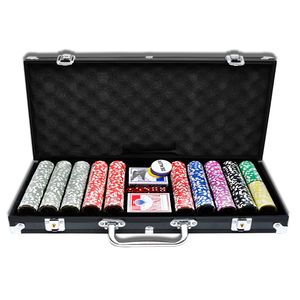 TWOLIIN Pokerová sada 500 žetonů - Pokerová sada laserová včetně 2x pokerových balíčků, 5x hrací kostky, 3x dealerské tlačítko (500 žetonů, černý hliníkový kufřík)